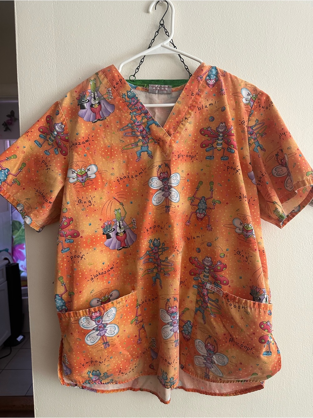 Cherokee Orange Cartoon Print V-Neck Medical Scrub Top